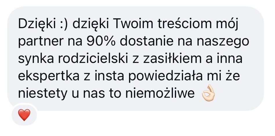 Opinia klientki o pomocy prawnej PrawaMama – zrzut ekranu wiadomości