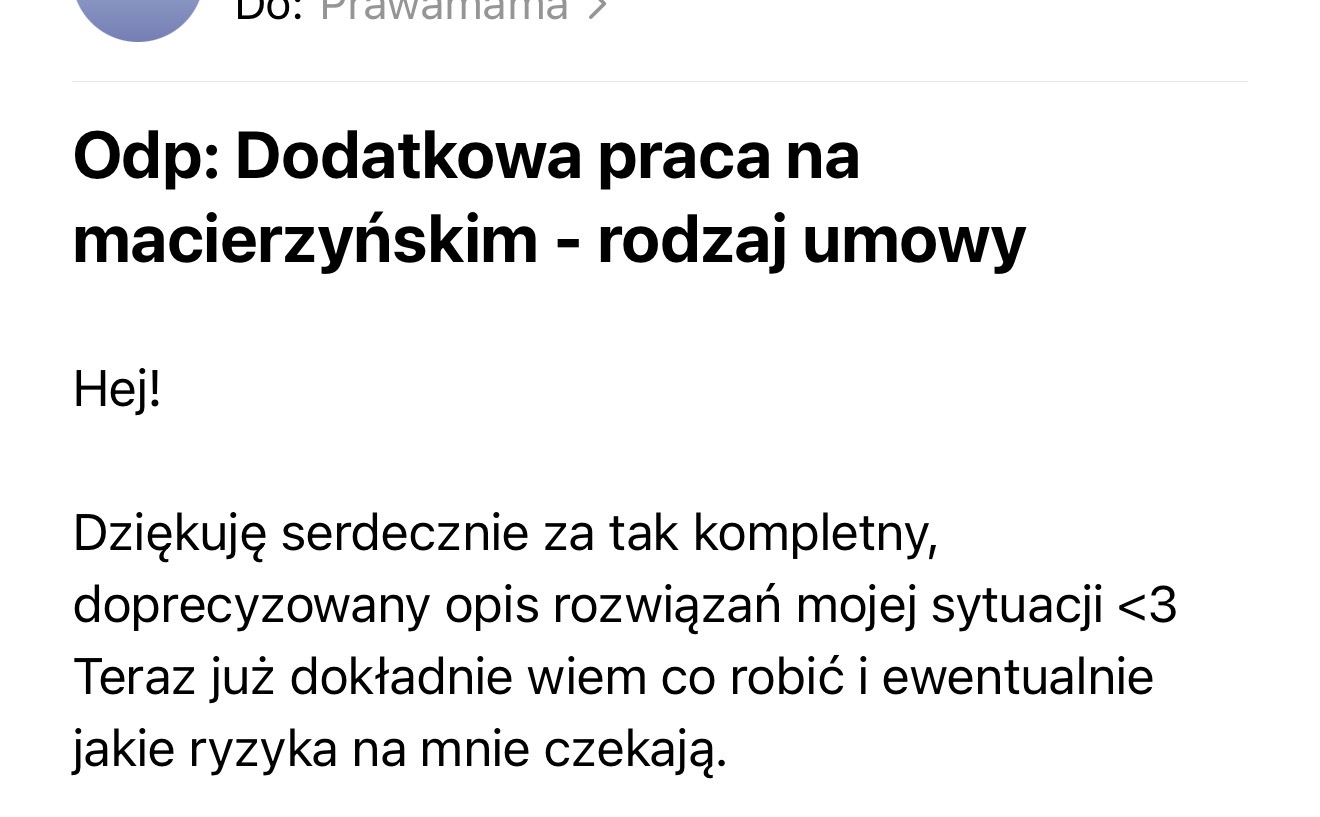 Opinia rodzica o materiałach PrawaMama – zrzut ekranu wiadomości